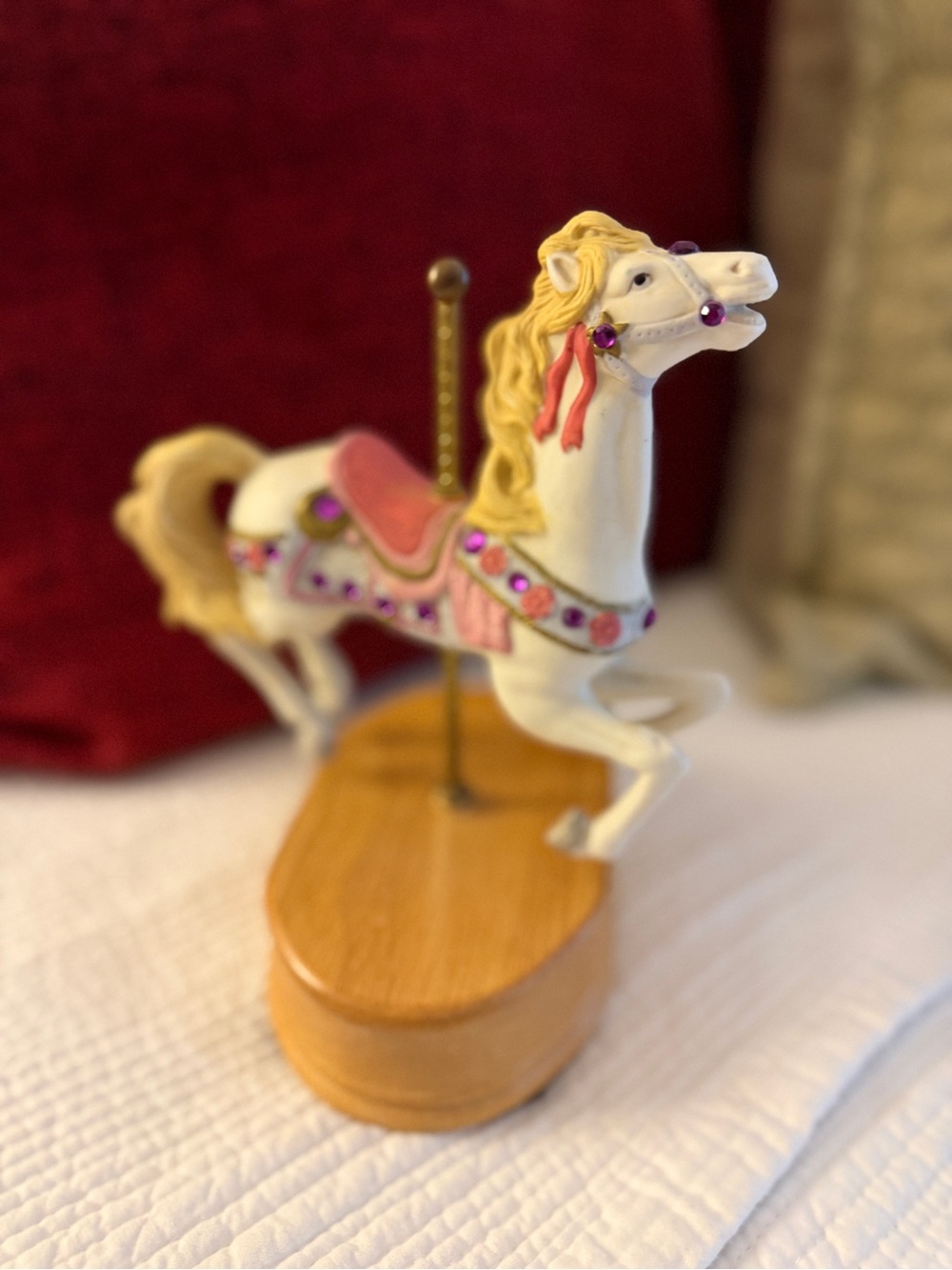 White and Pink Carousel Horse Figurine Decorative Accent